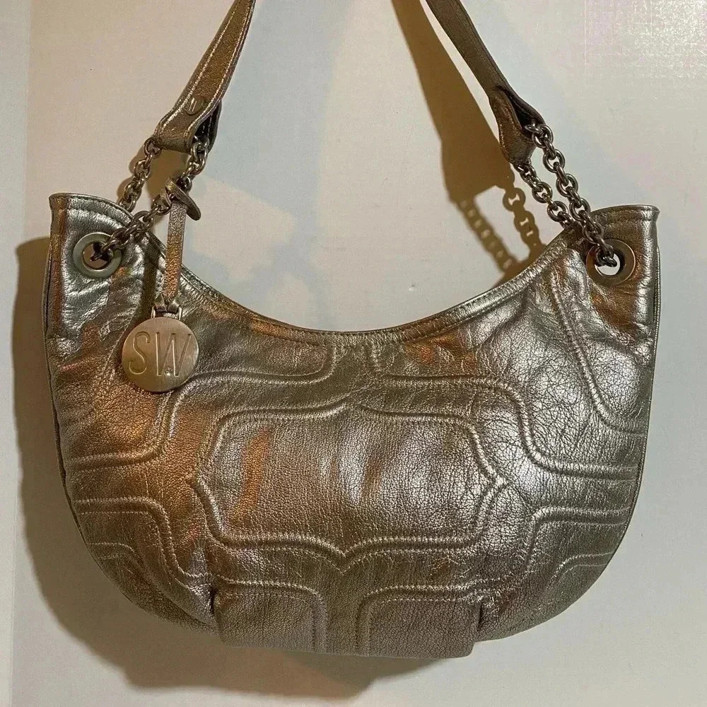 Stuart weitzman silver quilted metallic leather shoulder handbag